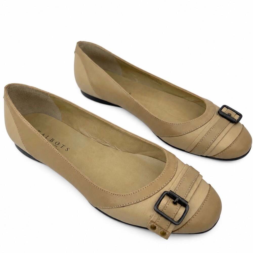 Talbots Women Ballet Flats Size 8W Tan Leather Buckle Round Toe Wide Width Shoes